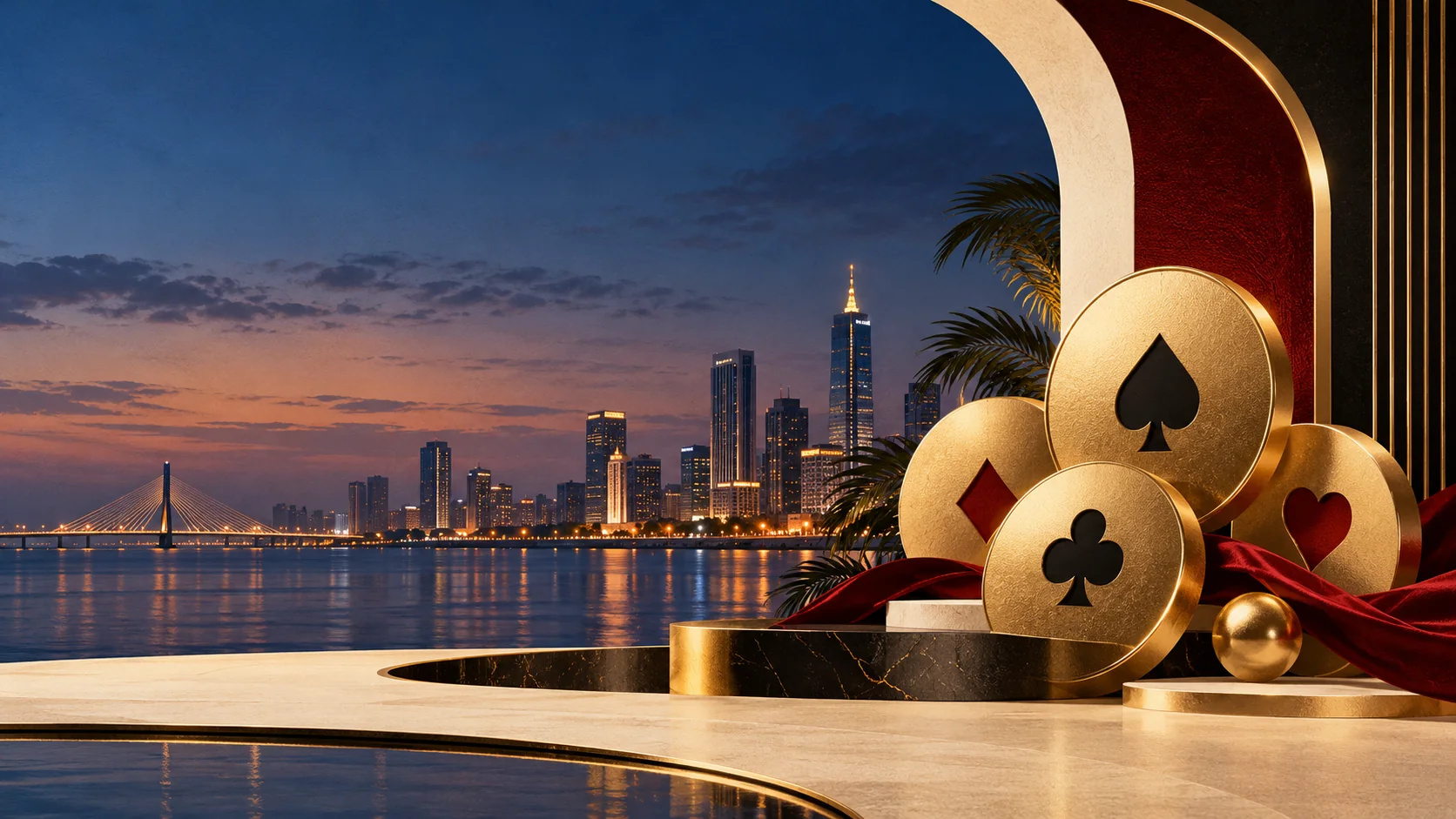 Original editorial illustration of the Lagos skyline at dusk with oversized golden playing-card motifs